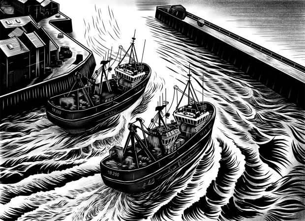 A sketch of boats leaving a harbour for deep sea fishing.
