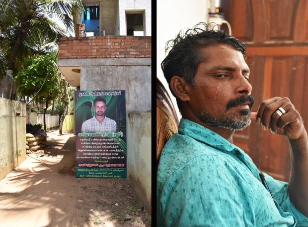 (Left) A plank carrying the obituary of Maria Jesindhas, a fisherman who was reportedly murdered in an Indo<em></em>nesian prison, outside his home in Thathoor. (Right) Deep sea fisher Jho<em></em>nny at his home in Thathoor. 